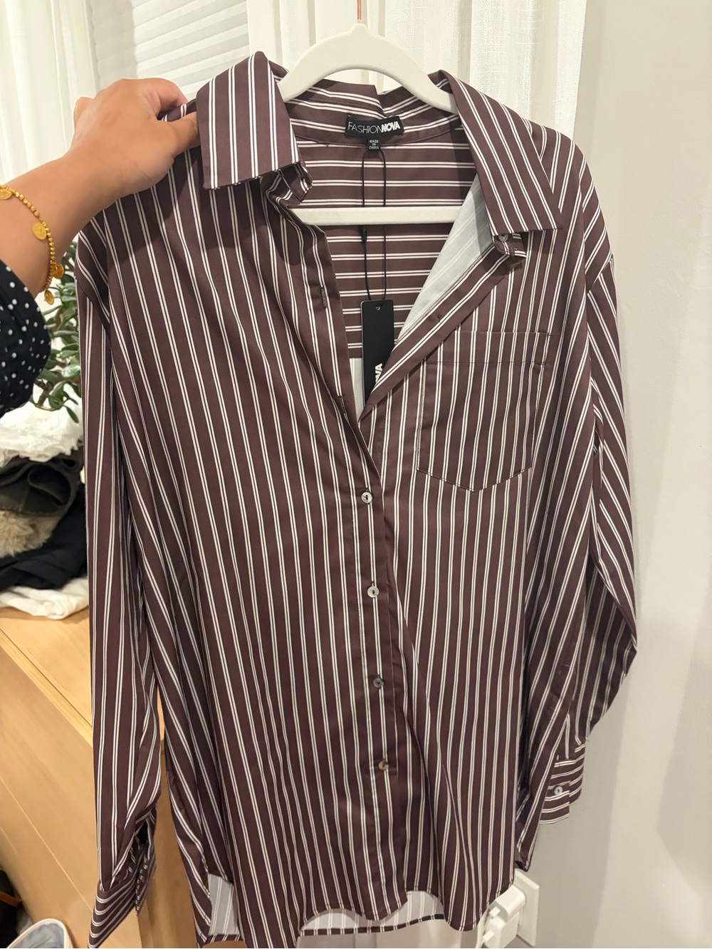 Fashion Nova oversized brown Stripe Button-Up Shirt